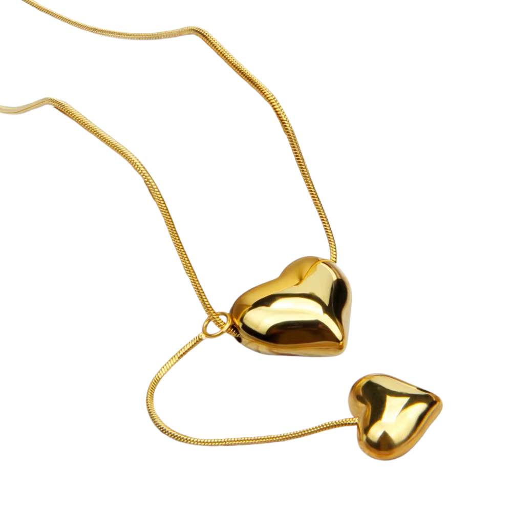 Double Heart Drop Pendant Necklace 18K Gold Plated Stainless Steel