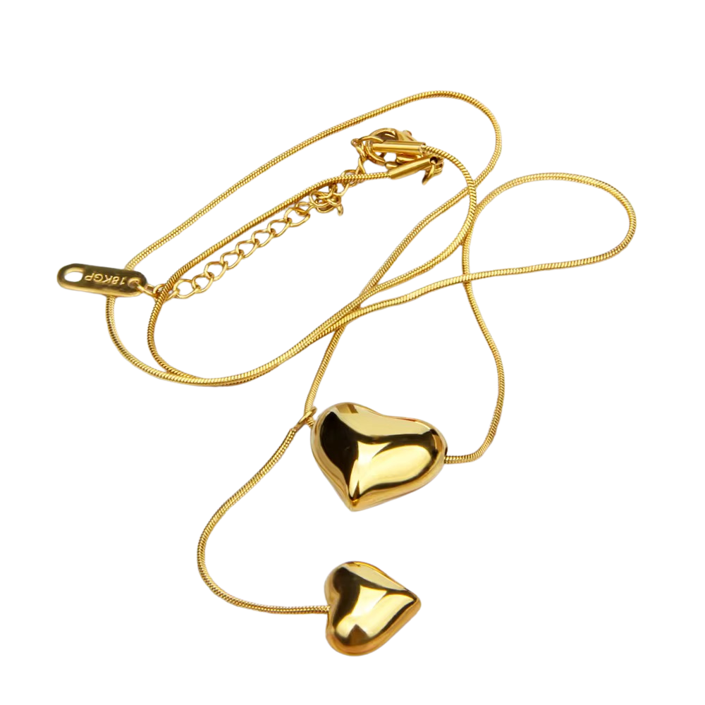 Double Heart Drop Pendant Necklace 18K Gold Plated Stainless Steel
