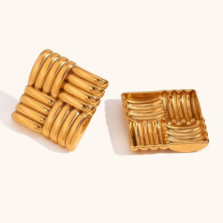 Square Woven Stud Earrings - 18K Gold Plated Stainless Steel