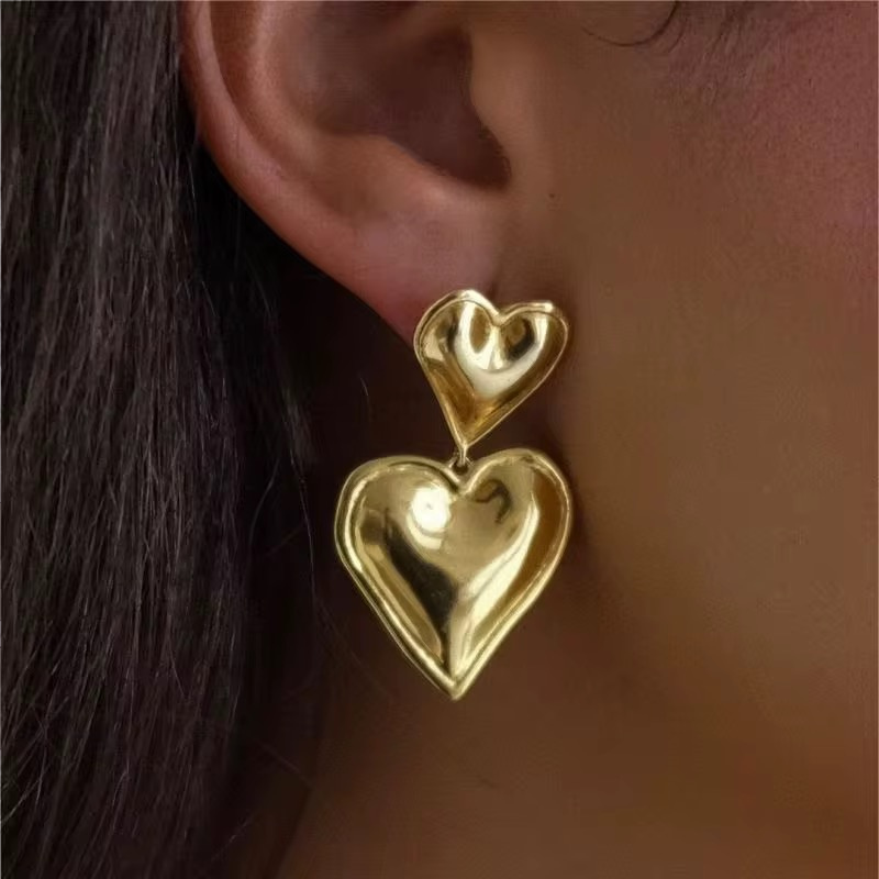 Double Heart Drop Earrings 18K Gold Plated Stainless Steel