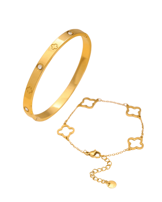 Zirconia Flower Design Bangle and Bracelet Set