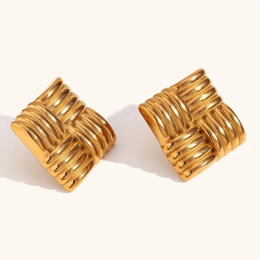 Square Woven Stud Earrings - 18K Gold Plated Stainless Steel