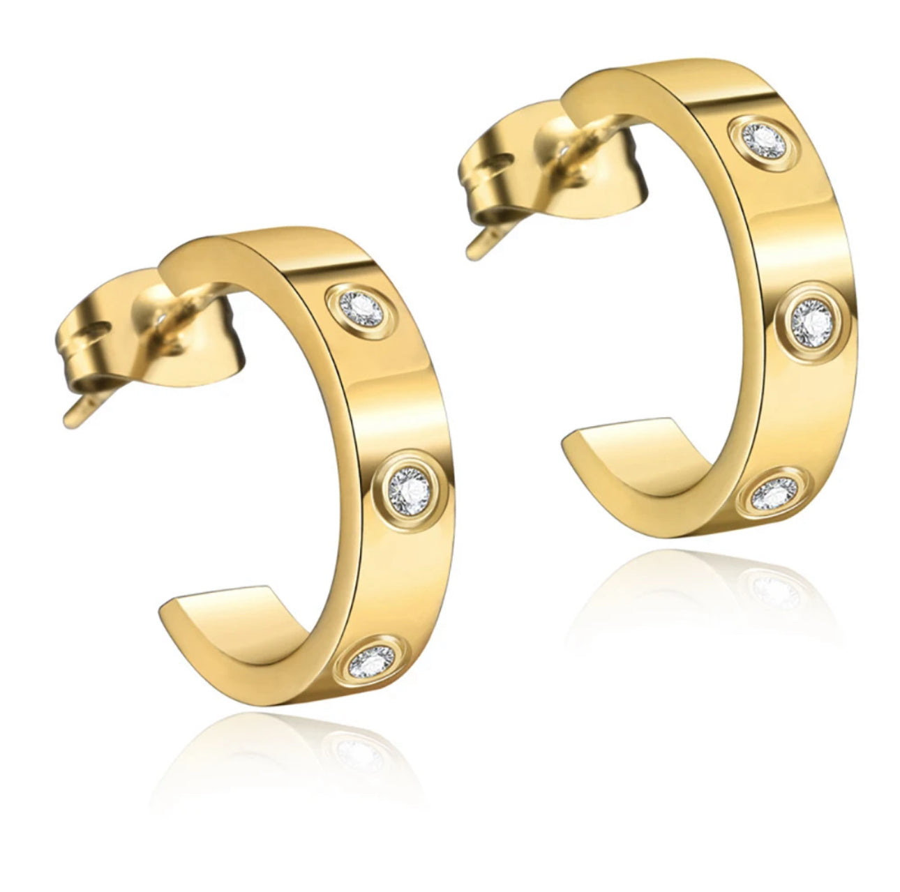 Crystal Stone C-Shaped Stud Earrings - 18K Gold Plated Stainless Steel