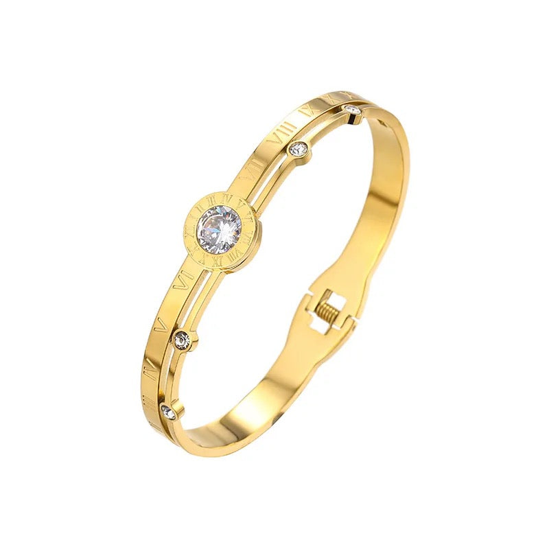 Roman Numeral Bangle Bracelet Zircon - 18K Gold Plated Stainless Steel