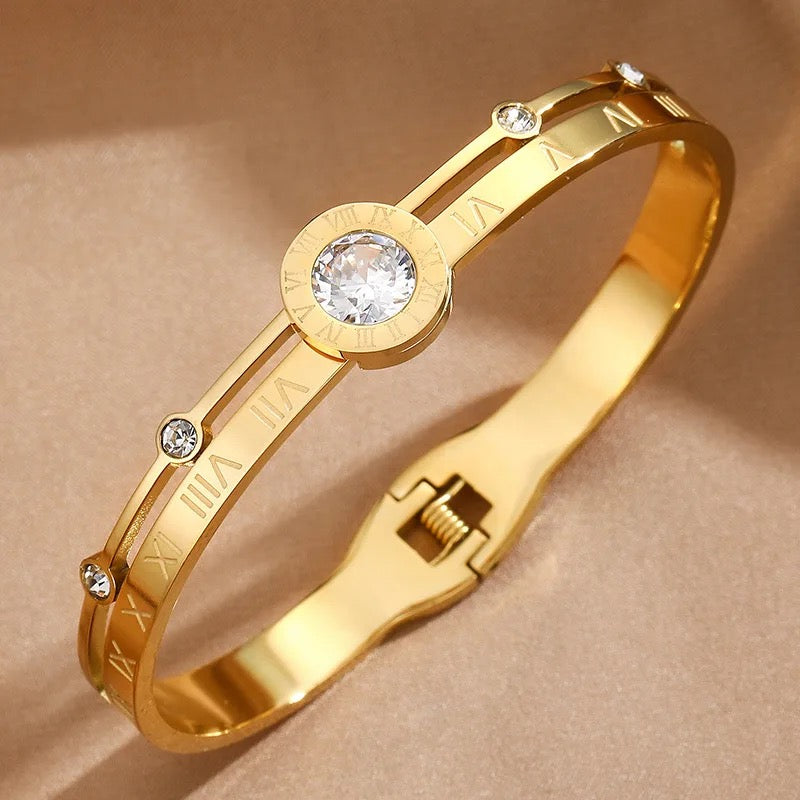 Roman Numeral Bangle Bracelet Zircon - 18K Gold Plated Stainless Steel