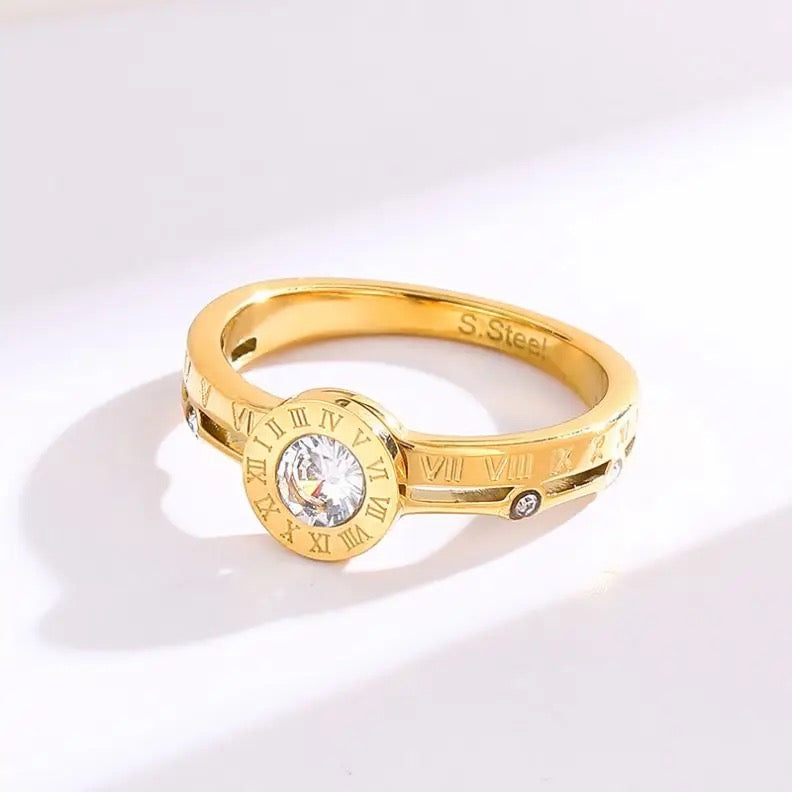 Roman Numeral Zircon Ring 18K Gold Plated Stainless Steel