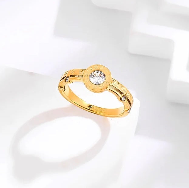 Roman Numeral Zircon Ring 18K Gold Plated Stainless Steel